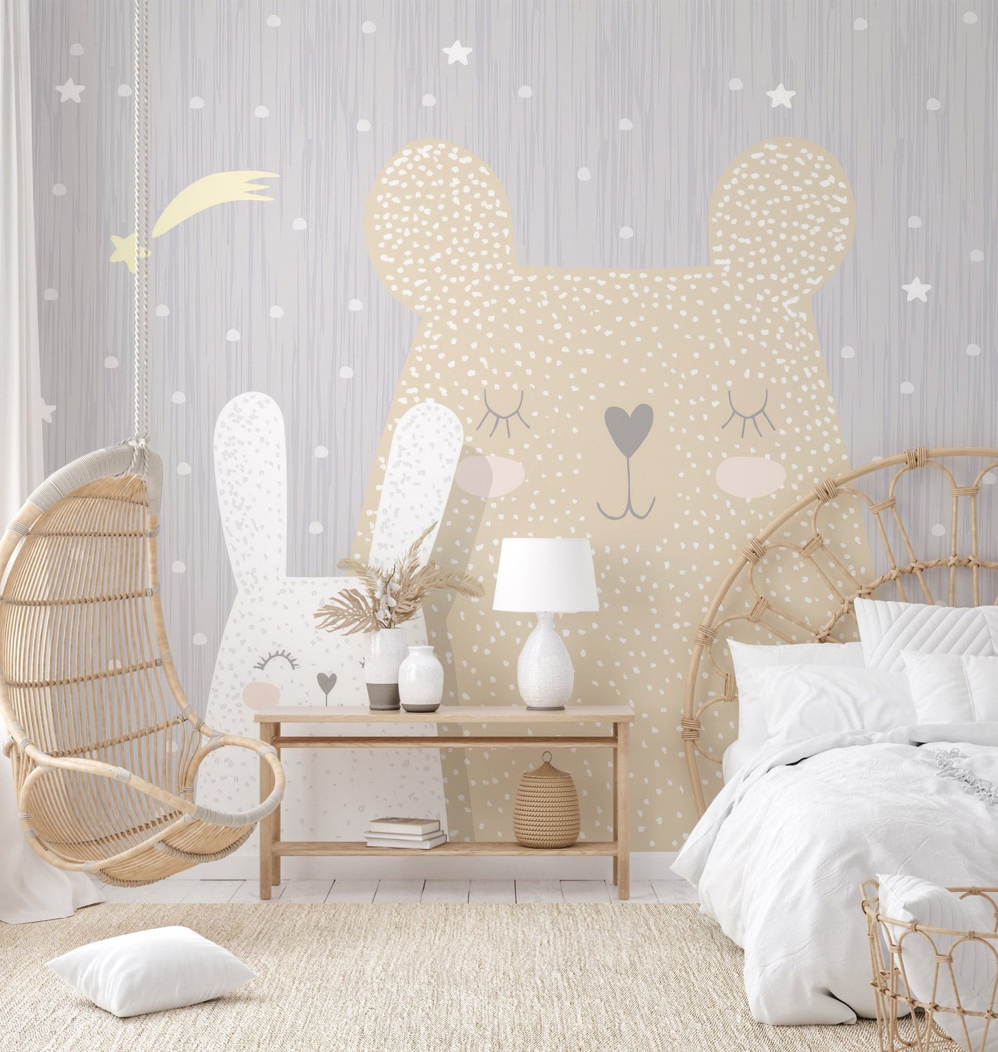 Grey starry night wall mural with cute animals for kids room decoration