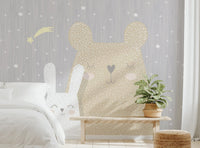 Beige dotted bear mural for neutral child bedroom wall interior.
