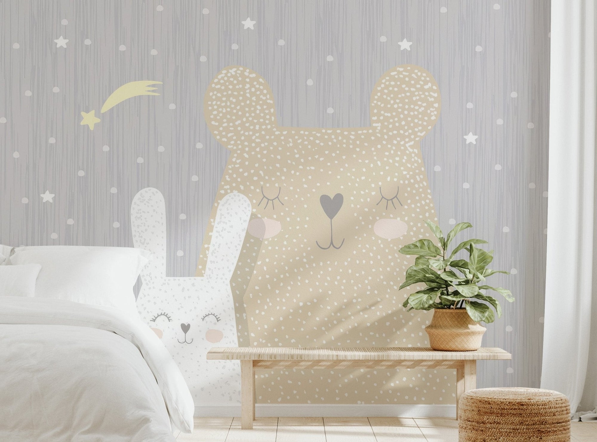 Beige dotted bear mural for neutral child bedroom wall interior.