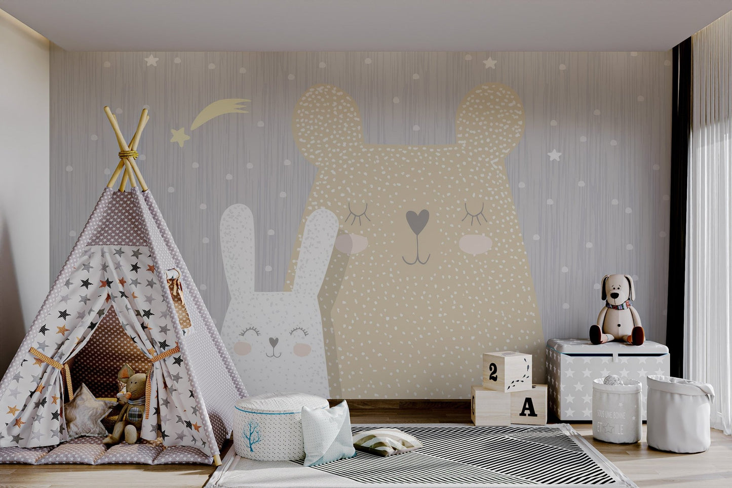 Beige bear and white rabbit wall mural for minimalist children area styling.