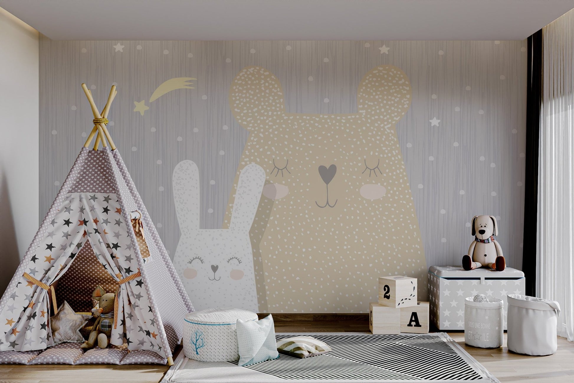 Beige bear and white rabbit wall mural for minimalist children area styling.