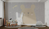 Sleeping Bear and Bunny Wall mural in pastel grey for kids activity room