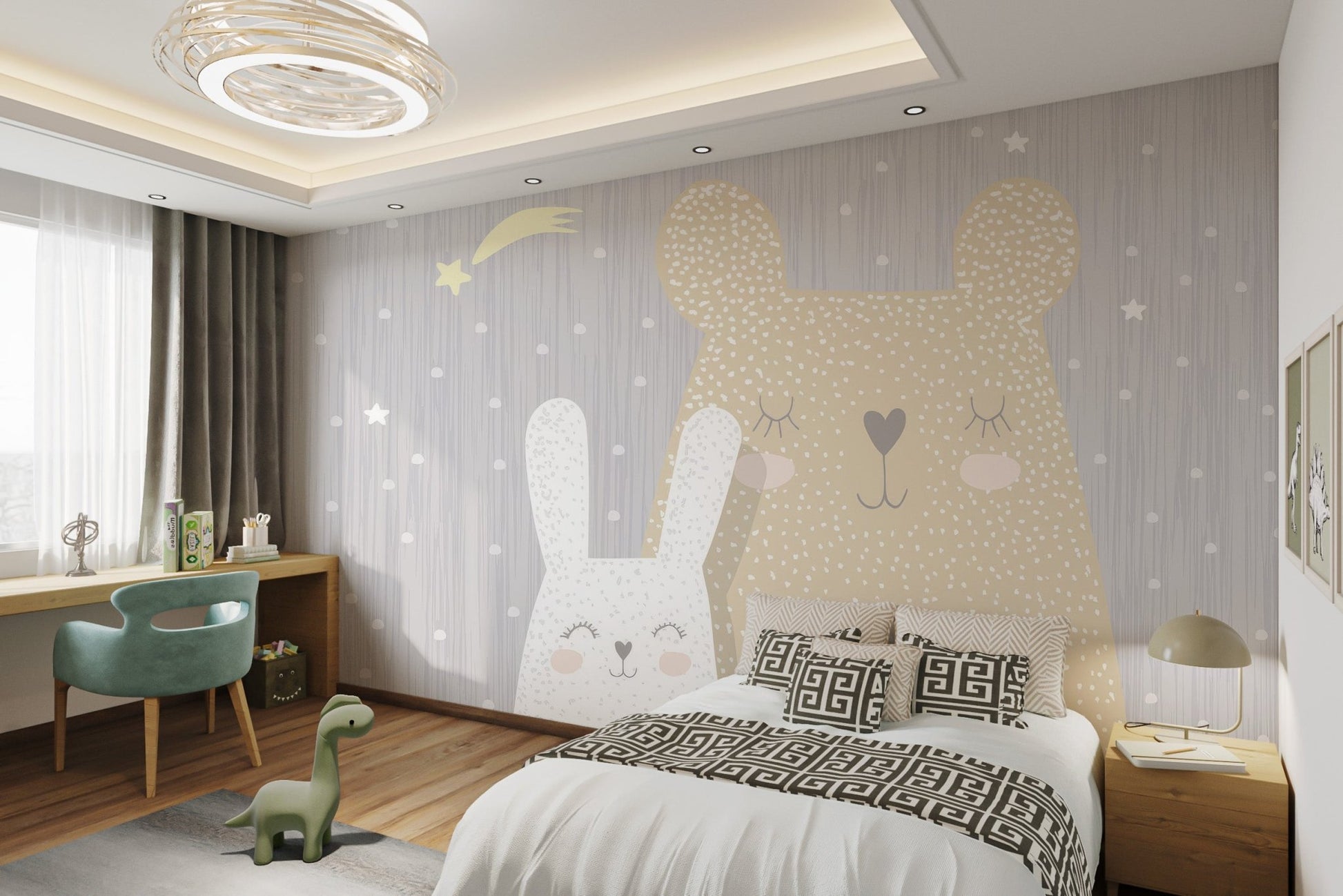 Sleeping Bear and Bunny Wall Mural featuring stars for bedroom.