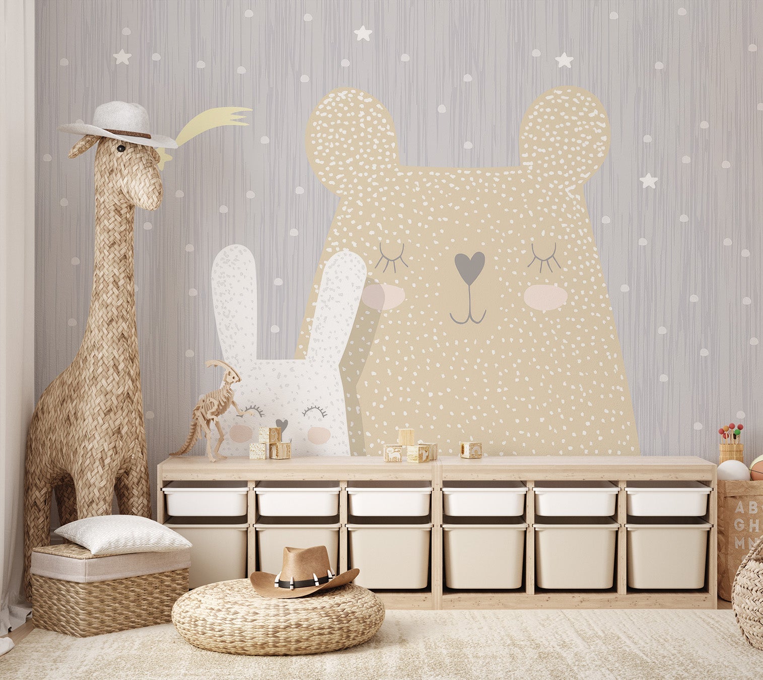 Cute sleeping bear and bunny mural with stars and polka dots.