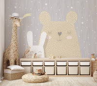 Cute sleeping bear and bunny mural with stars and polka dots.