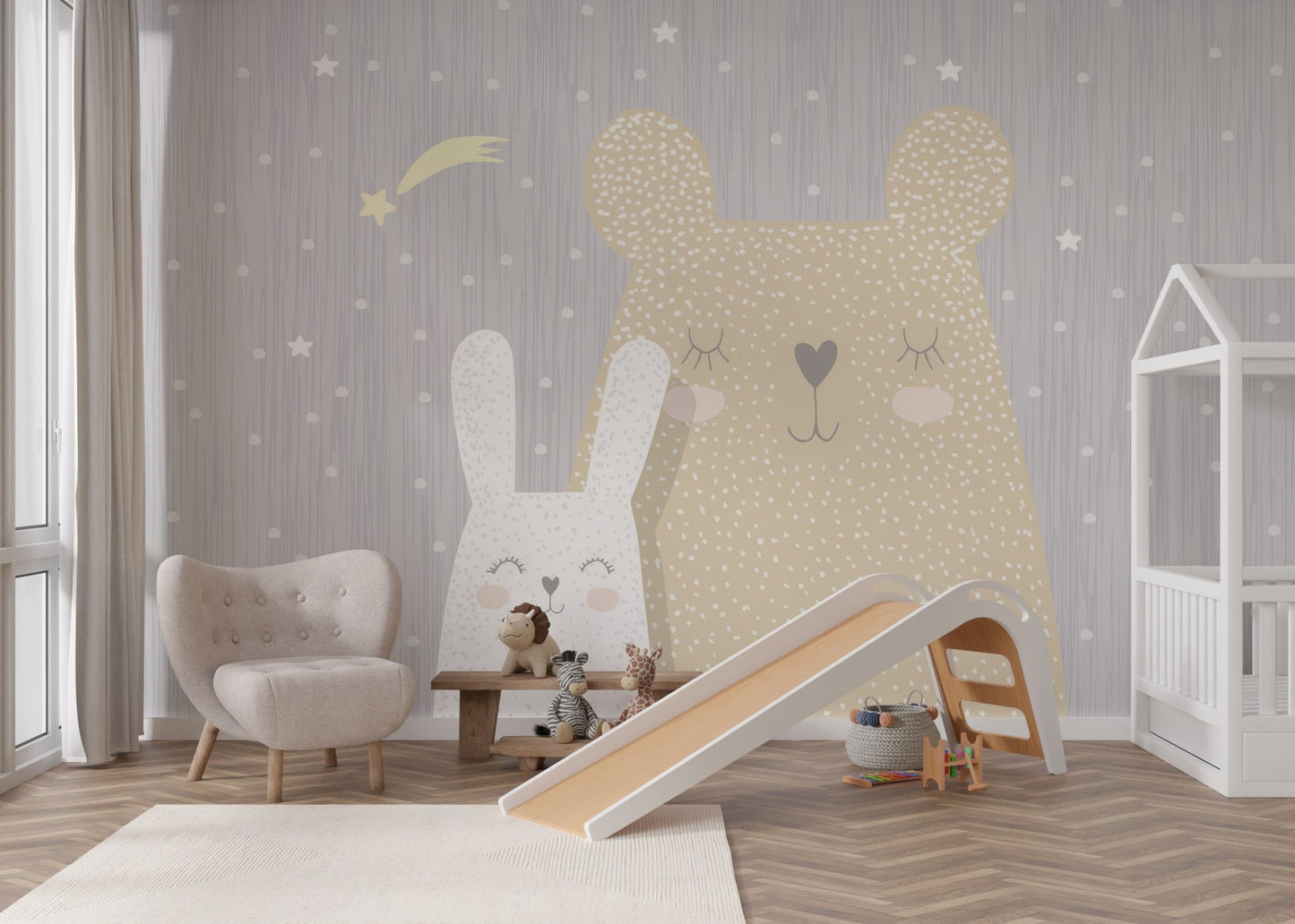 Whimsical nursery wall mural with a beige bear and white bunny.