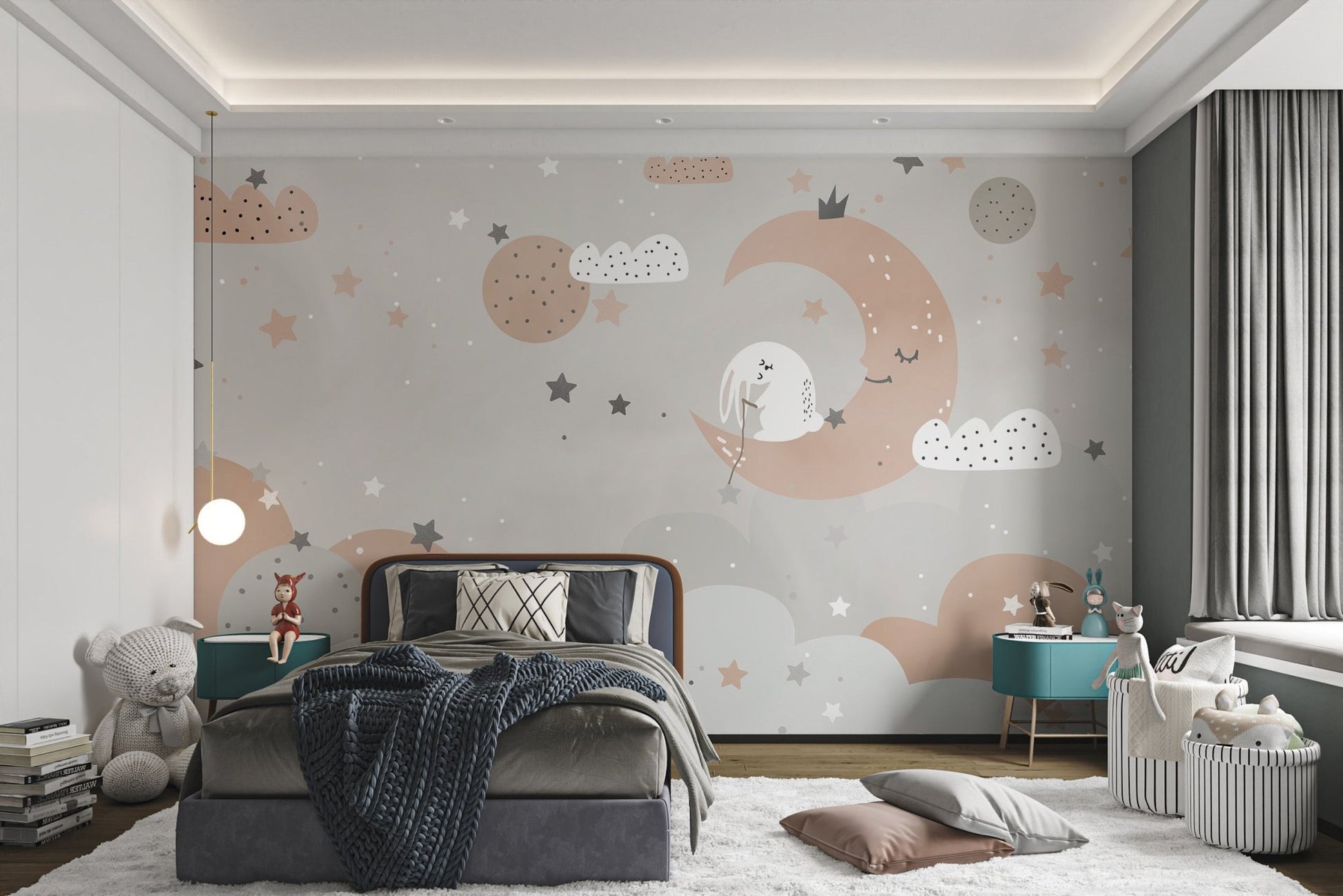 Kids wall mural featuring a sleeping rabbit on a crescent moon with clouds.