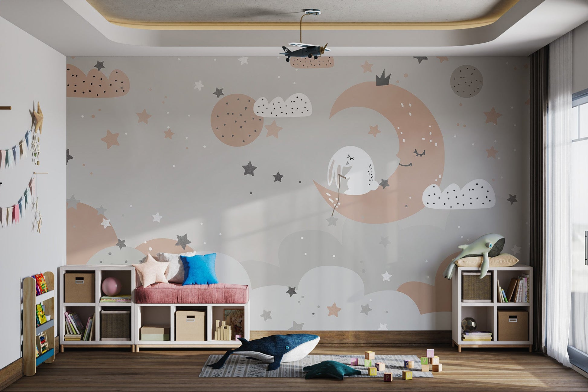 Soft dreamy wall mural of bunny in modern play area.