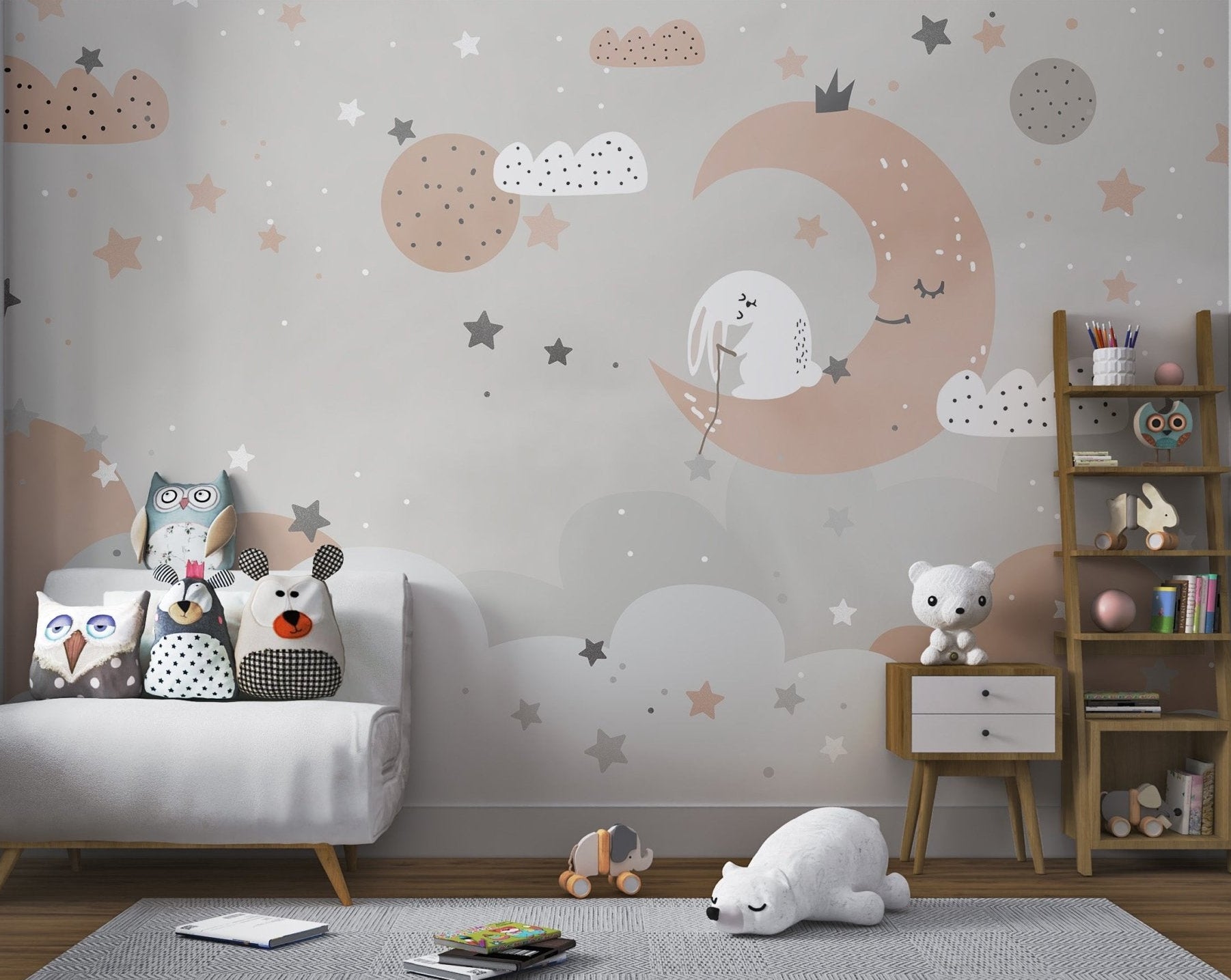 Adorable sleeping bunny on fluffy cloud mural for kids room.