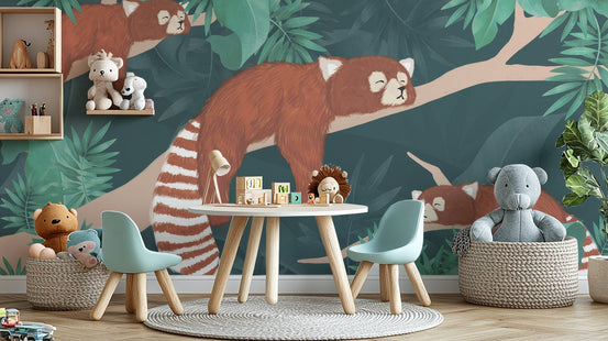 Sleeping red pandas wall mural wallpaper with forest leaves design.