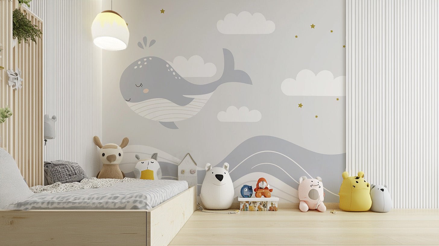 Minimal whale wall mural with pastel gray sea illustration.