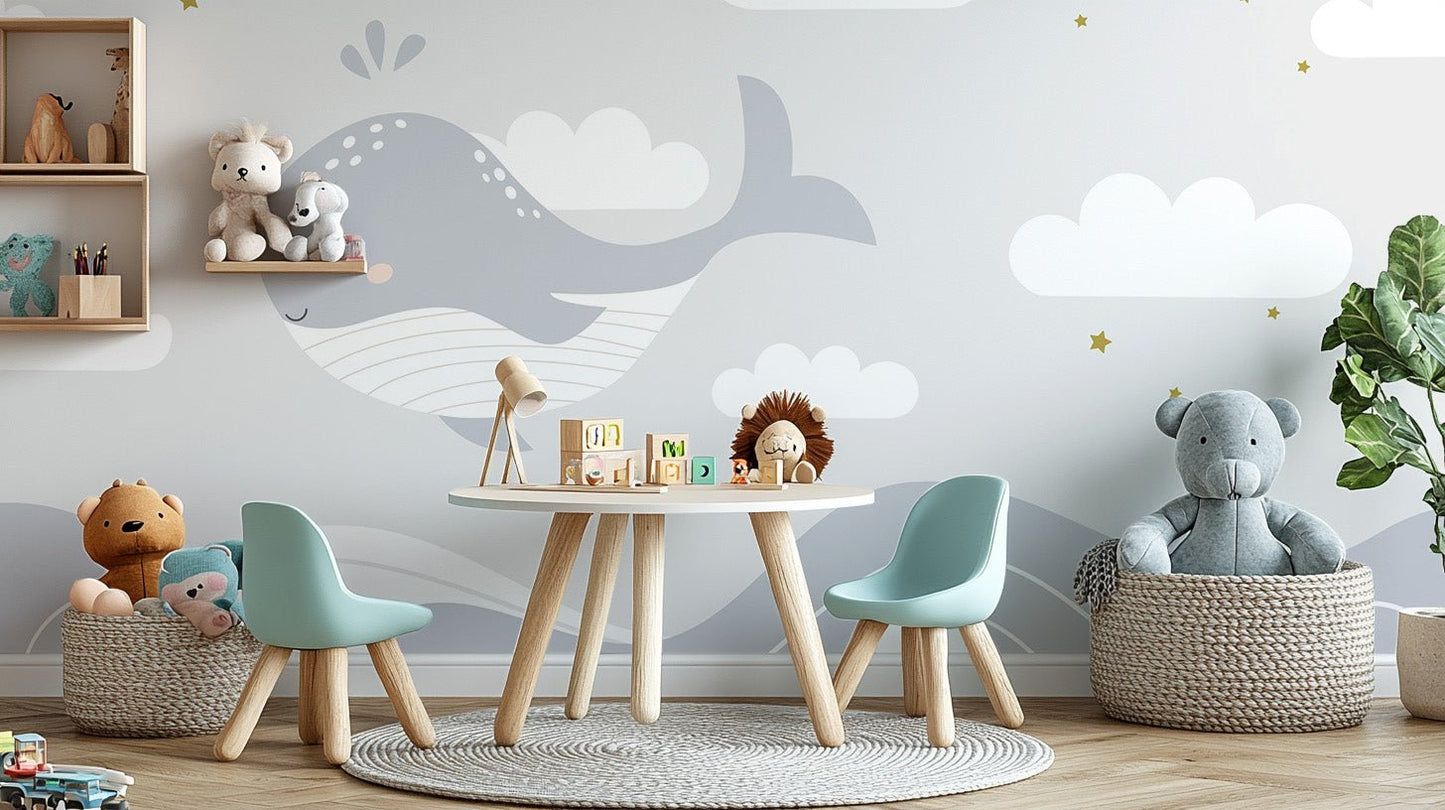 Cartoon whale wallpaper with clouds and night sky theme.