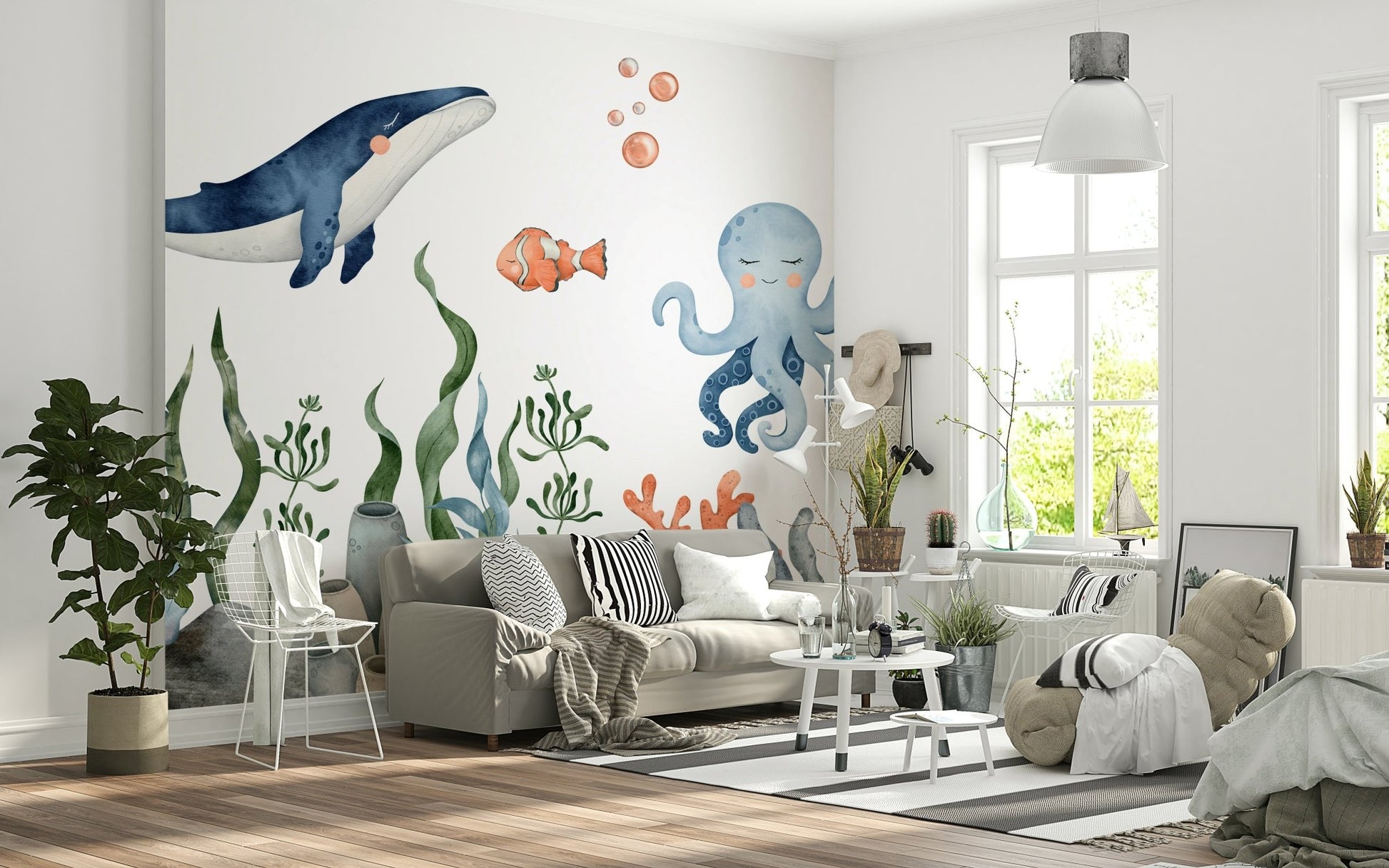 Sleepy Seas mural highlighting bright geometric wave shapes.