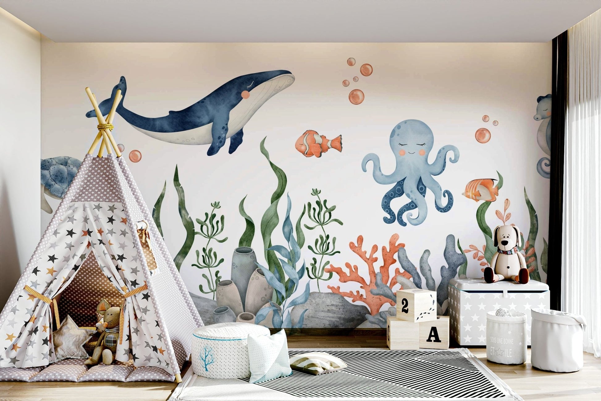 Light airy background with colorful aquatic plants for modern spaces.