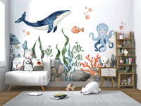 Muted blue ocean apartment wall decor with soft wave hues.