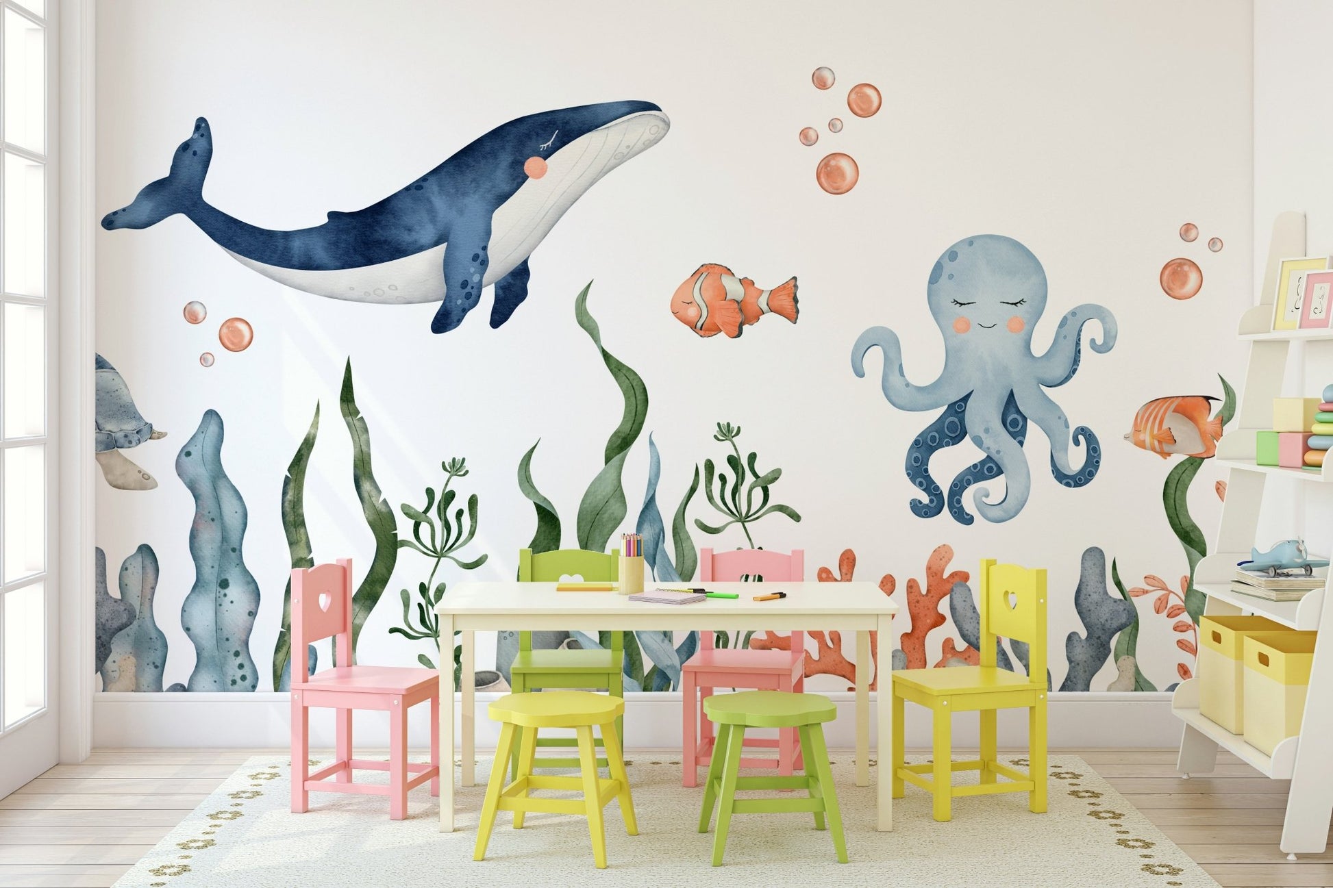 Sleepy Seas mural showing gentle tides in a home office.