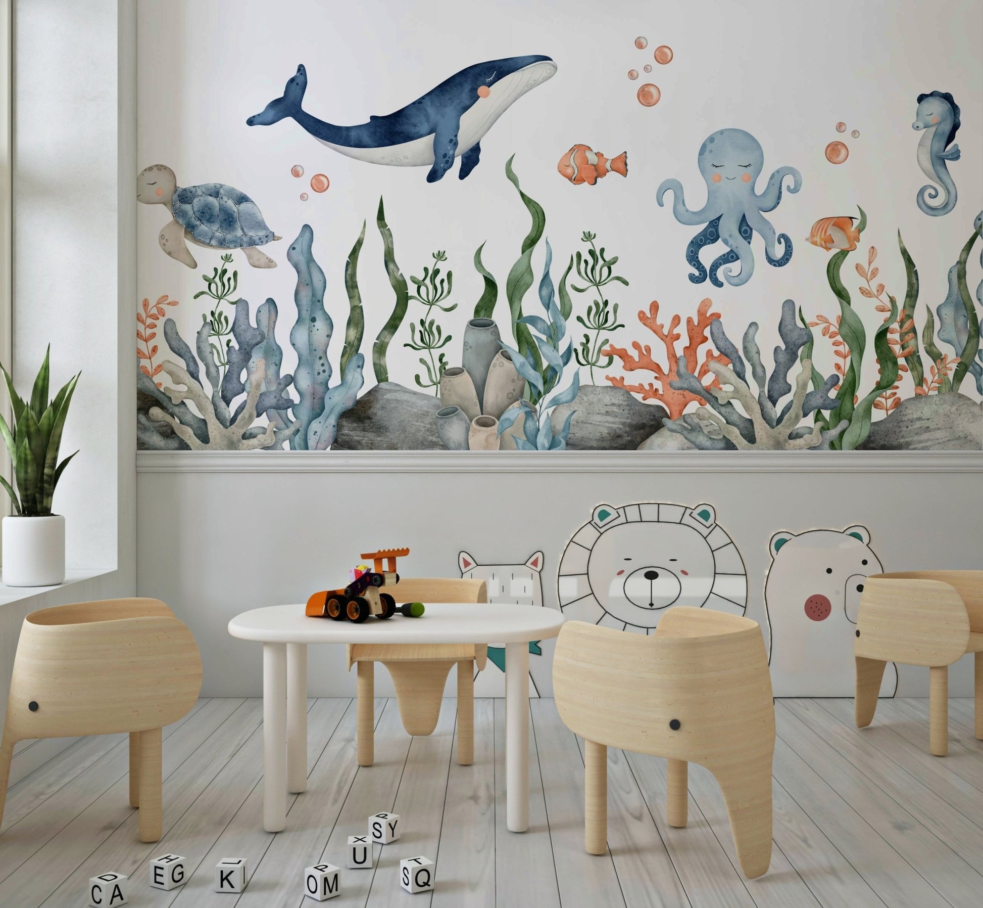 Peaceful Sleepy Seas wall mural in a modern living room.