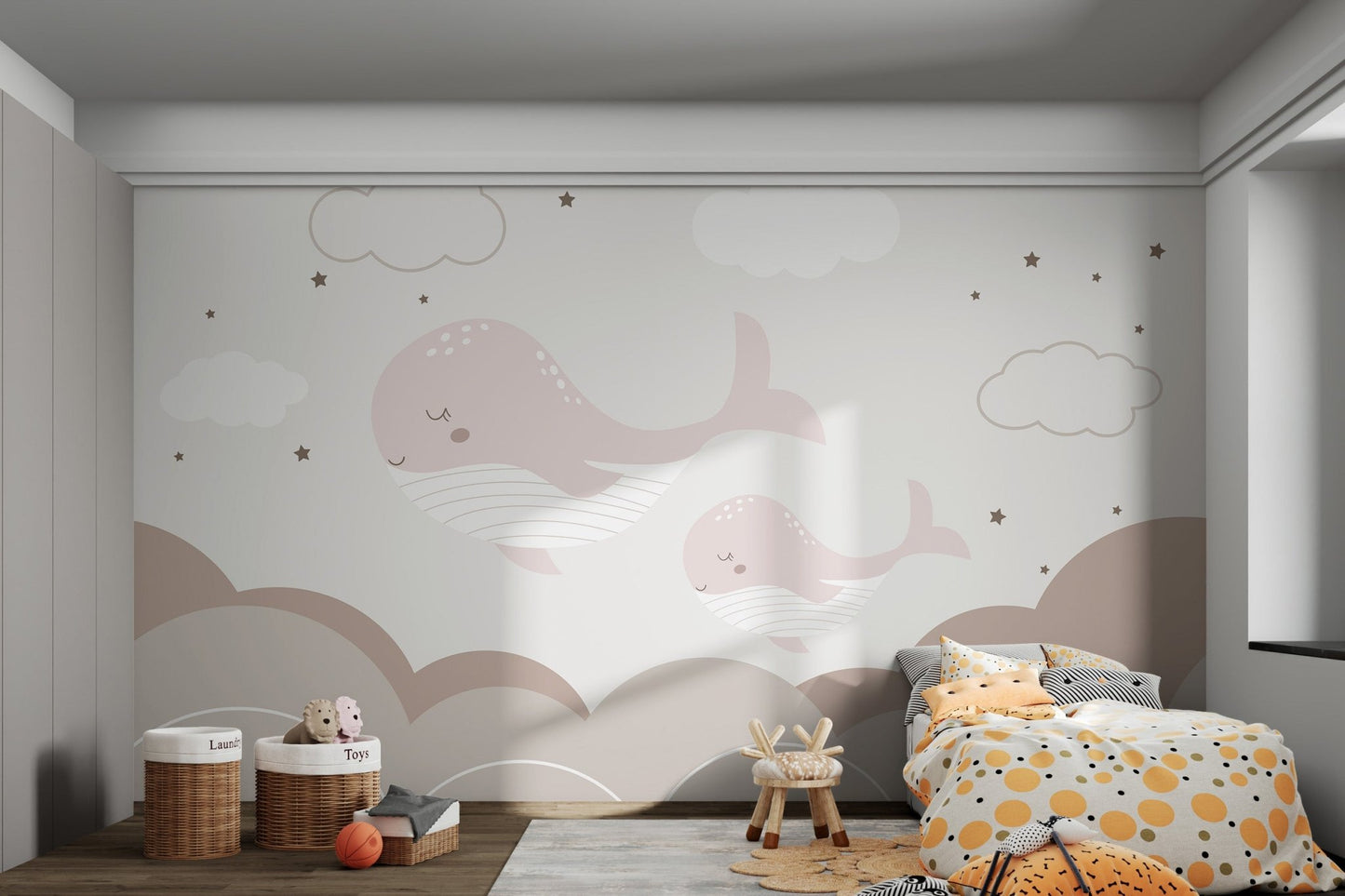 Tranquil mural with whales drifting in the clouds.