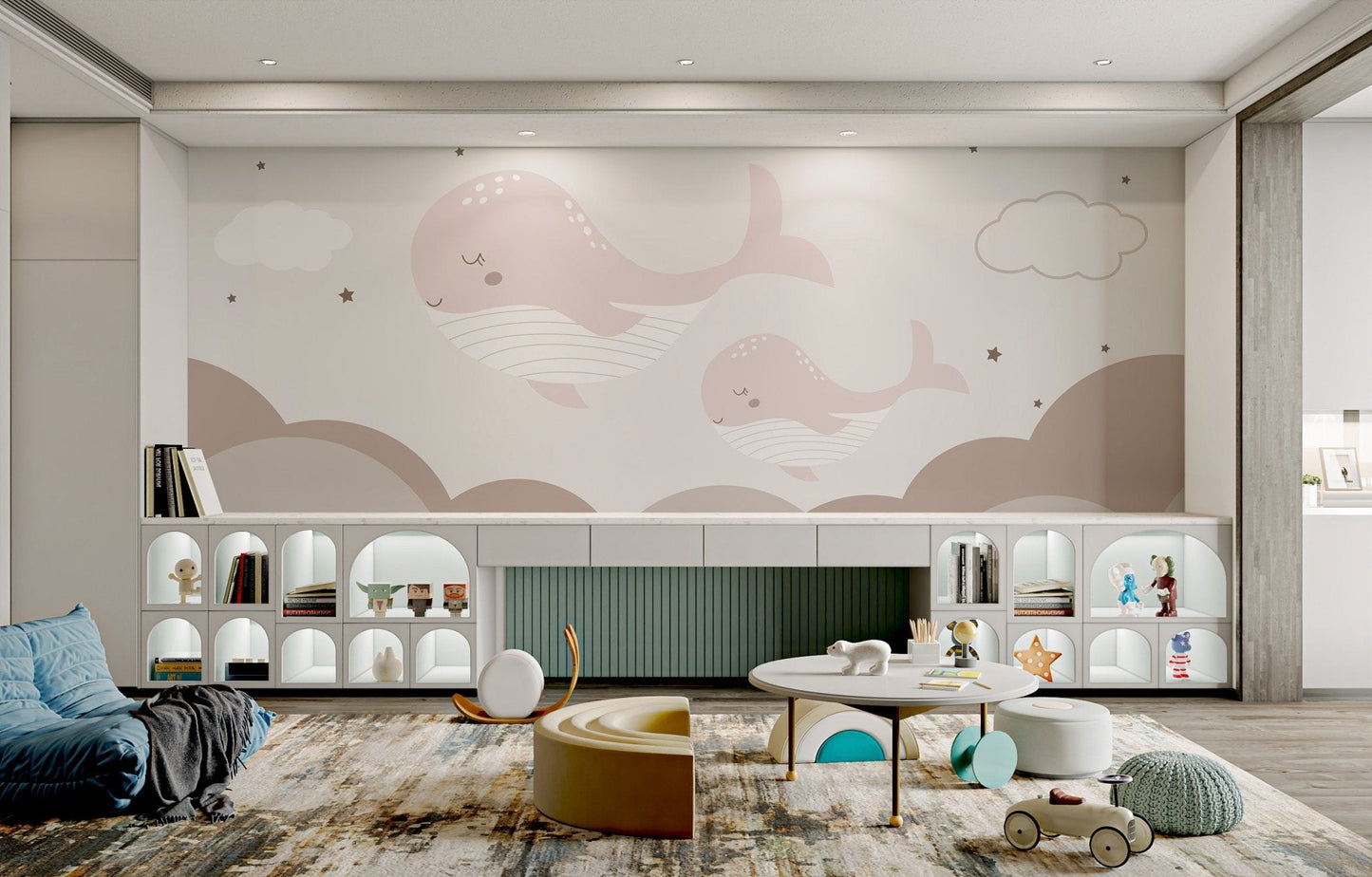 Calming clouds mural with dreamy whale accents in nursery.