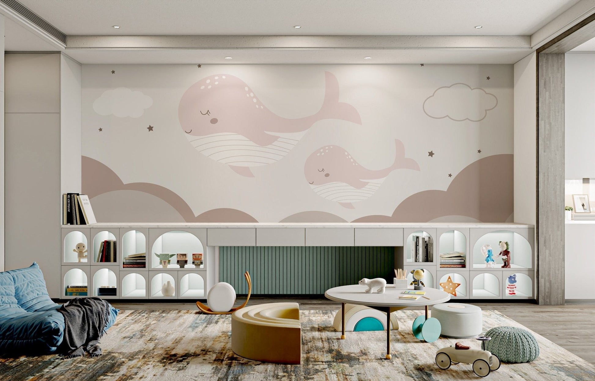 Calming clouds mural with dreamy whale accents in nursery.