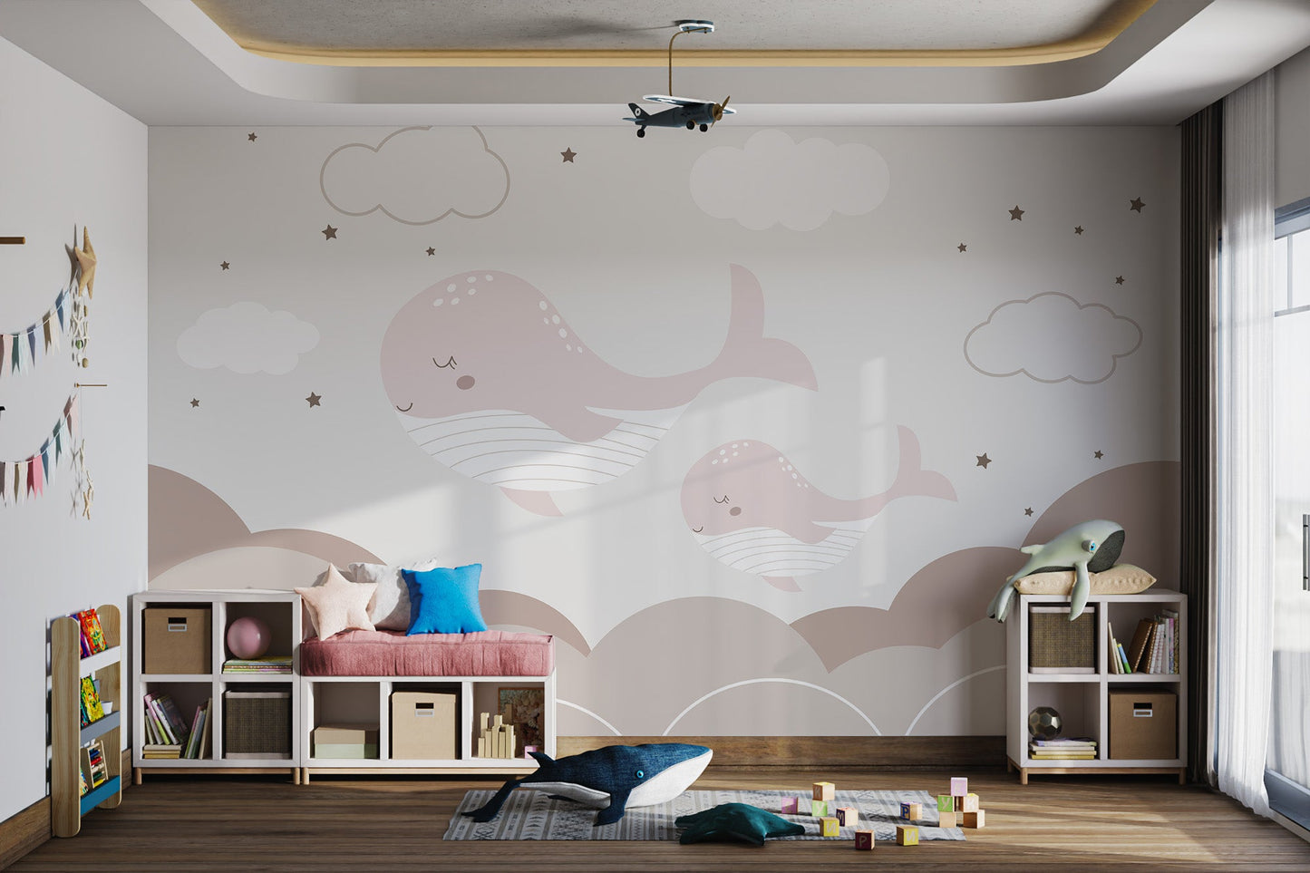 Peaceful wall art mural featuring sleepy whales and sky in kids play area.