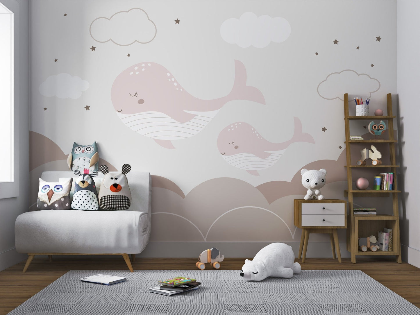 Relaxing mural of whales and clouds for calm kids spaces.