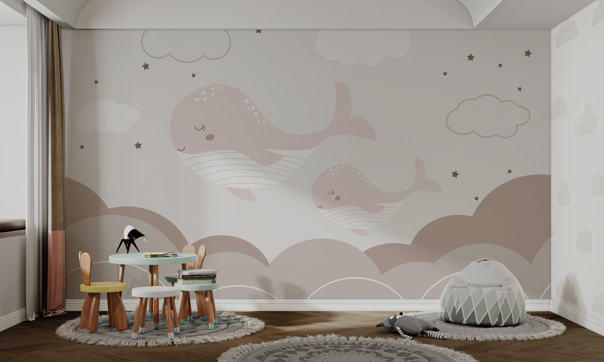 Sleepy whales illustration wall mural with floating cloud scenery.