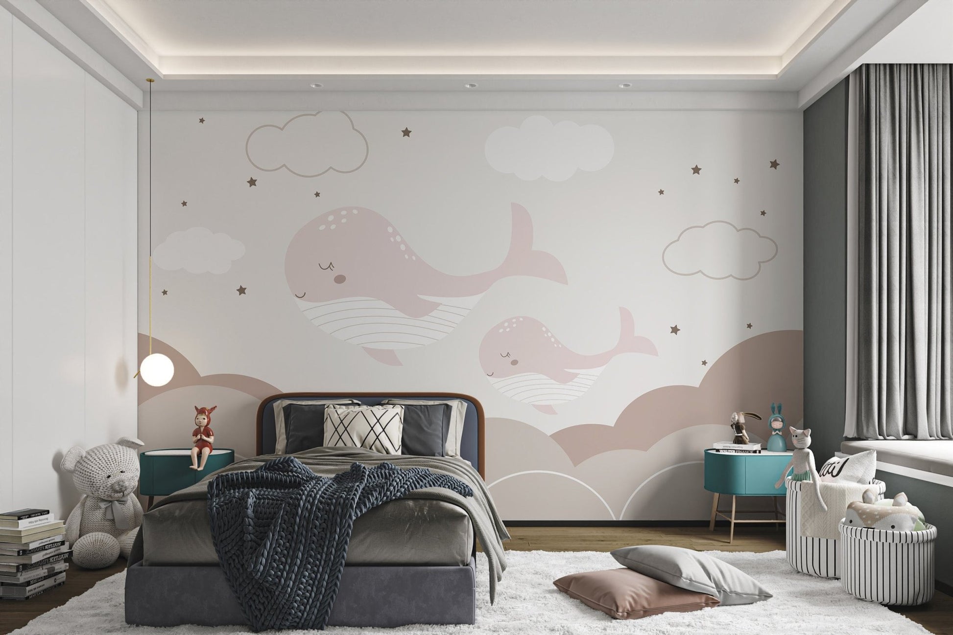 Whimsical sleepy whales design for kids bedroom walls.