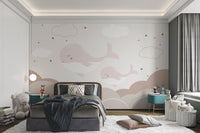 Whimsical sleepy whales design for kids bedroom walls.