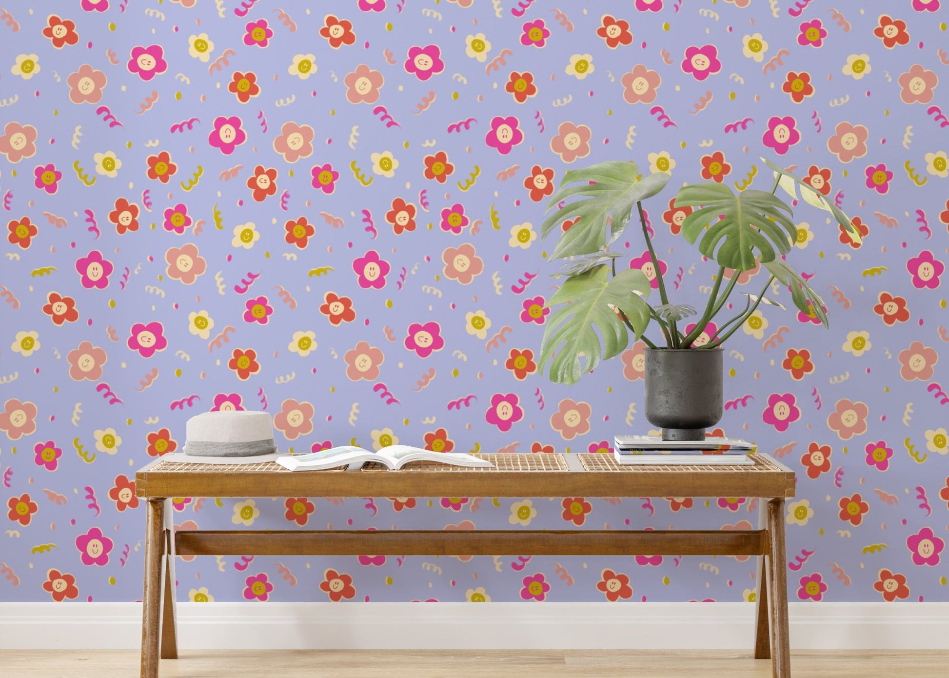 Cheerful botanical illustration smiley wall mural pattern.