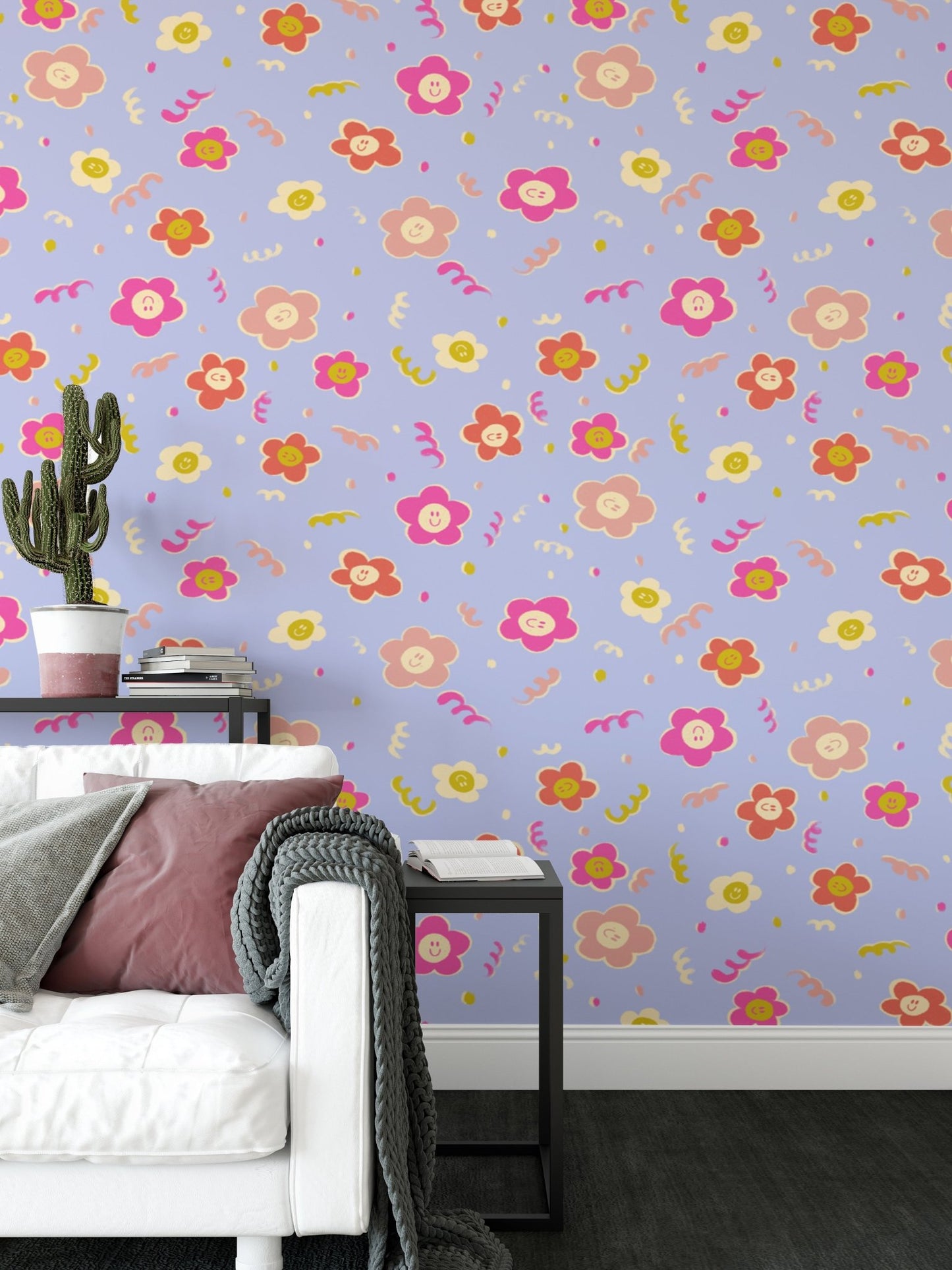 Pastel purple repeating flower print smiley wall mural.