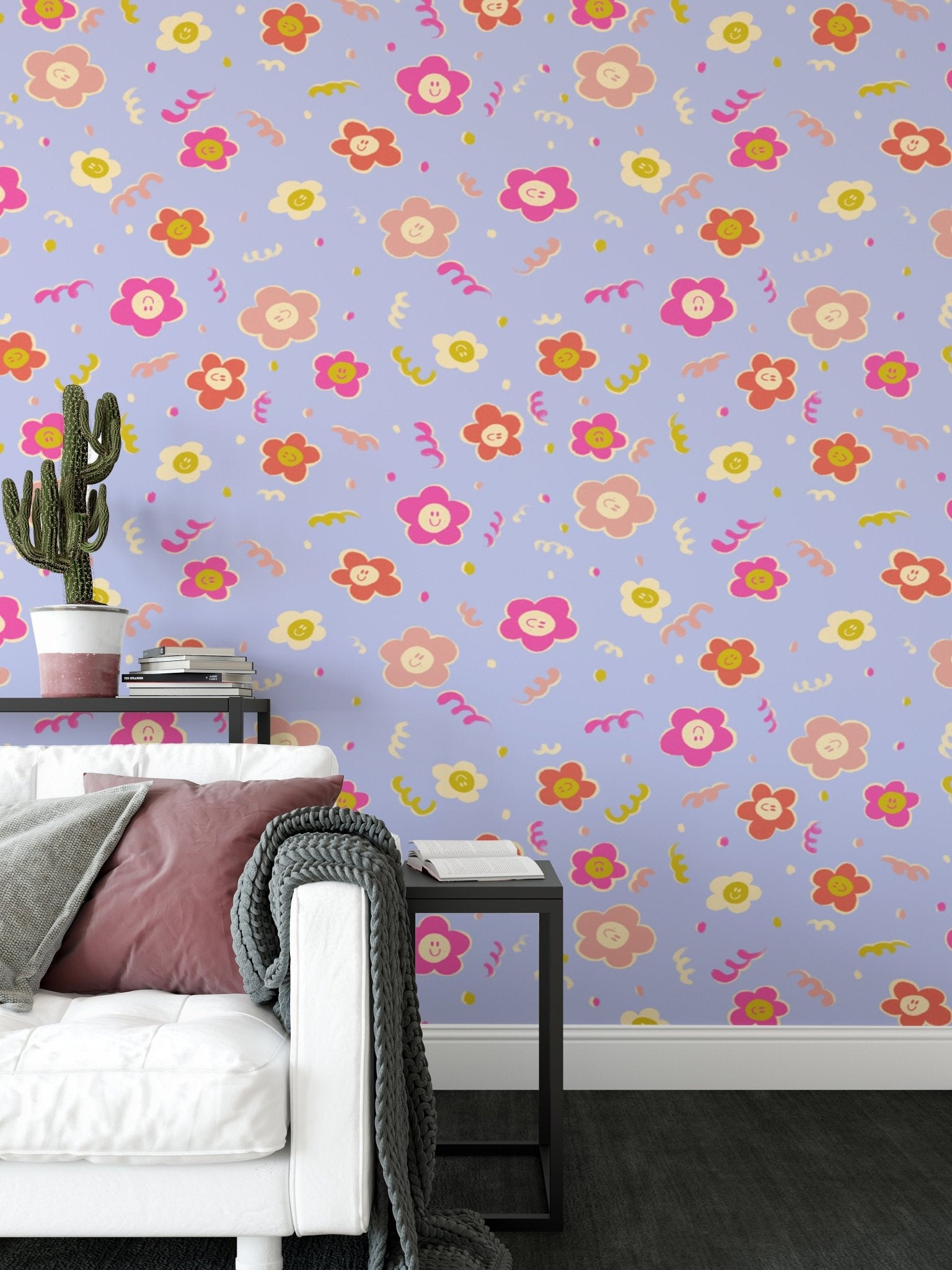 Pastel purple repeating flower print smiley wall mural.