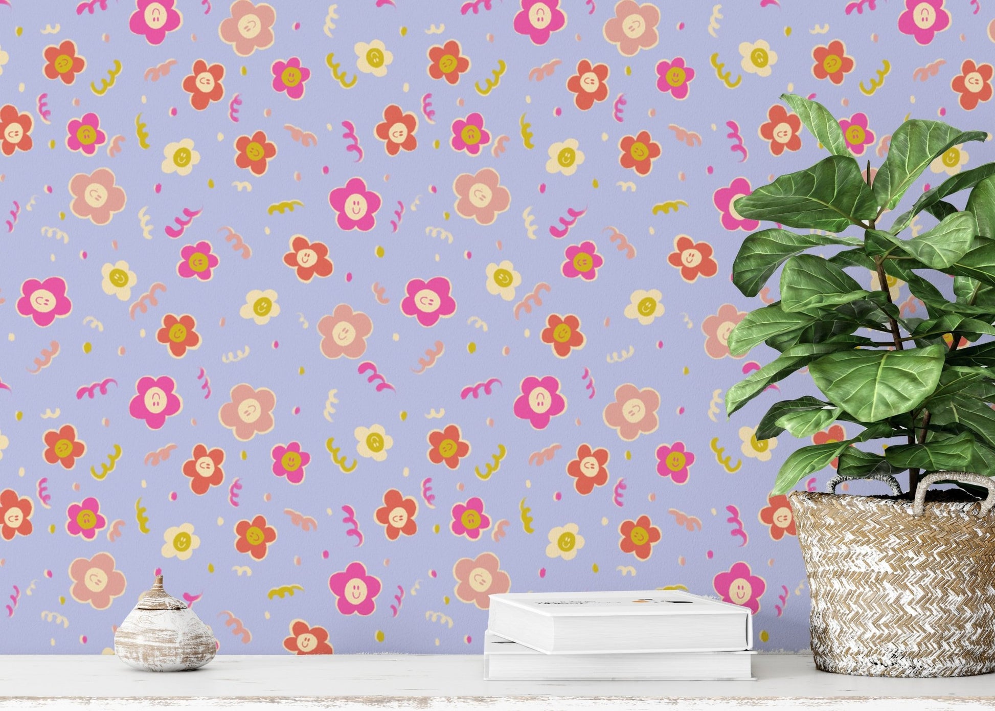 Purple background with pink and orange blooms wallpaper.