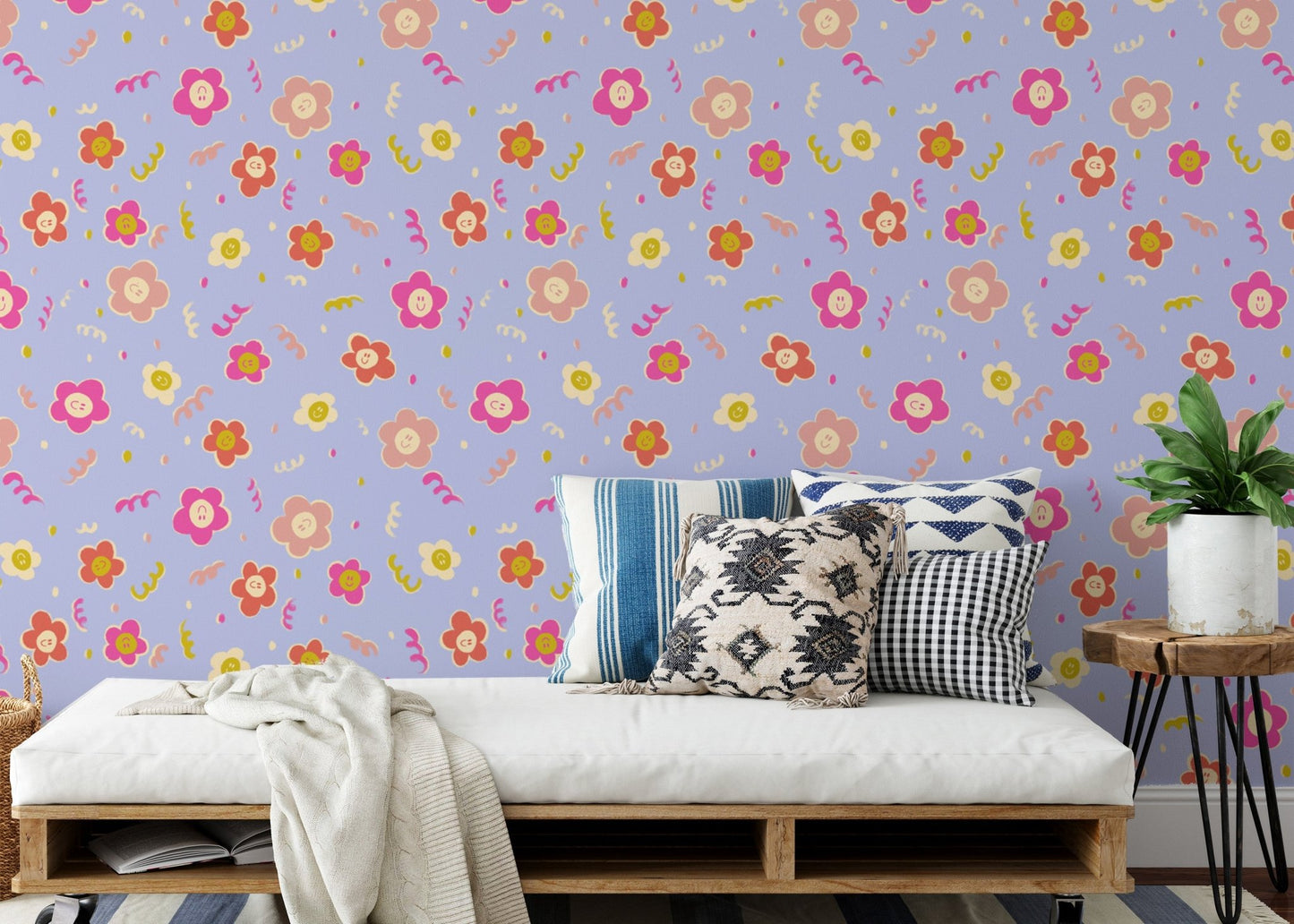 Colorful floral pattern with smiley blooms wallpaper.