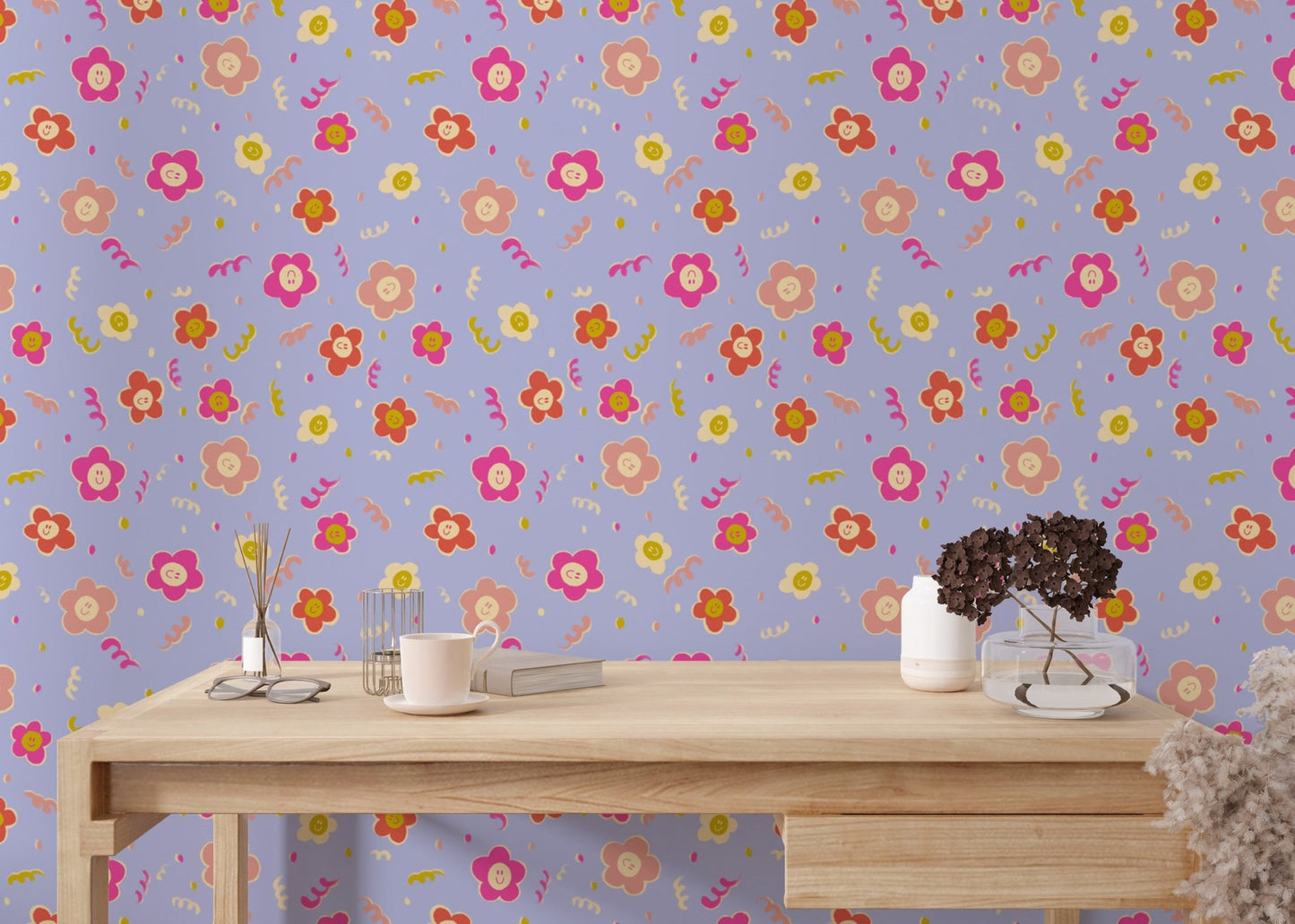 Multi-colored smiling flower field wall mural.