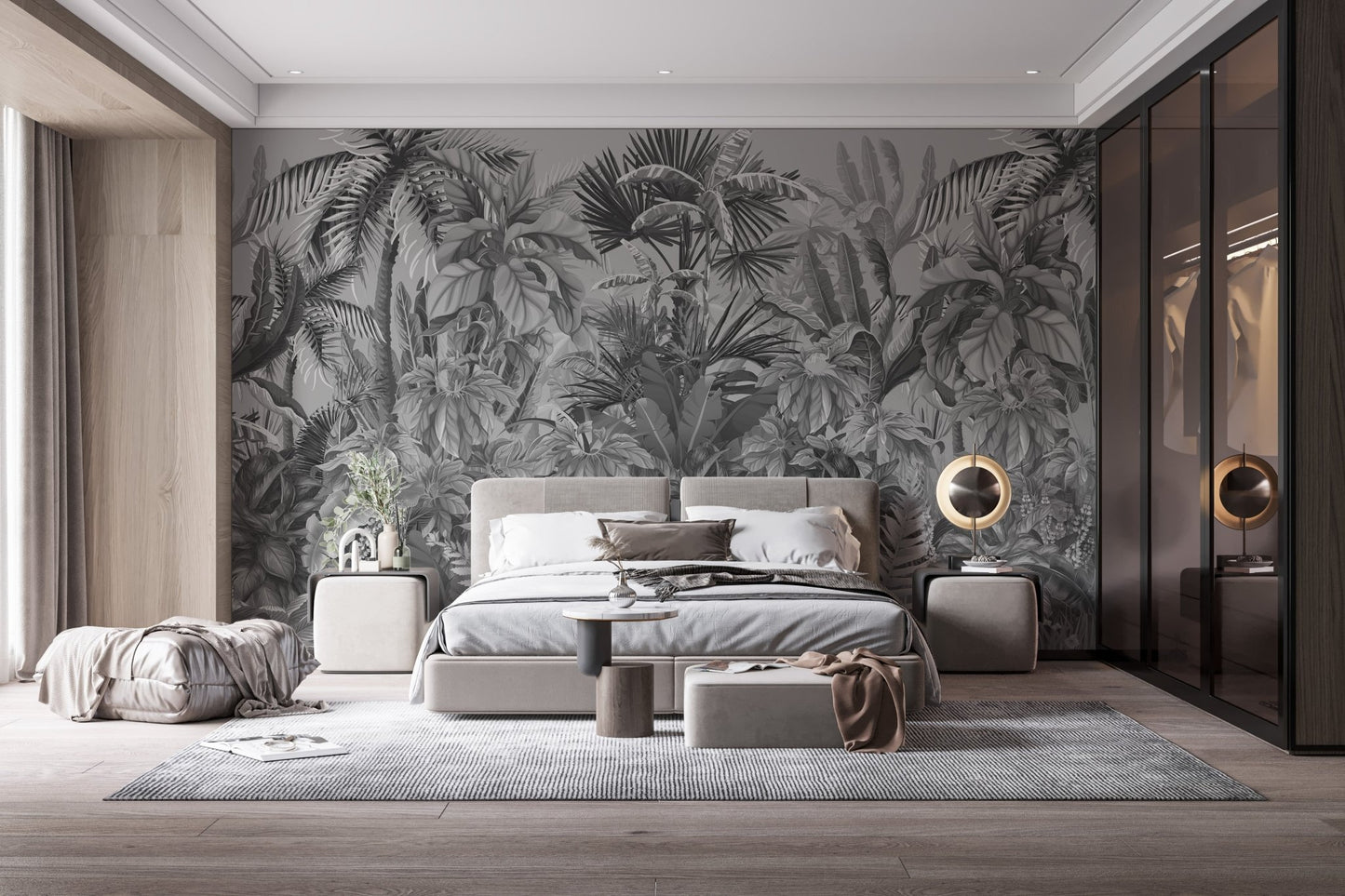Large scale leaf pattern wall mural on a bedroom feature wall with dark wardrobes.