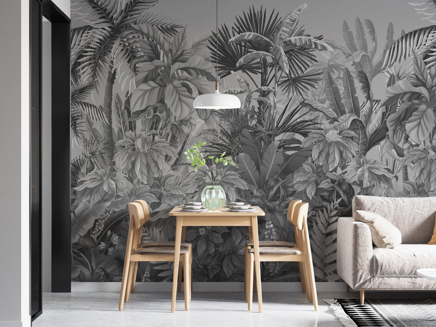 Smokey grey wall mural with tropical forest design in dining room.