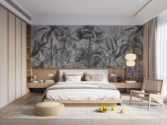 Smokey Grey Tropical Forest Wall Murals in a modern bedroom with wooden furniture.