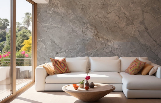 Smoky Marble Veil wall mural in a bright living room with a white sectional sofa.