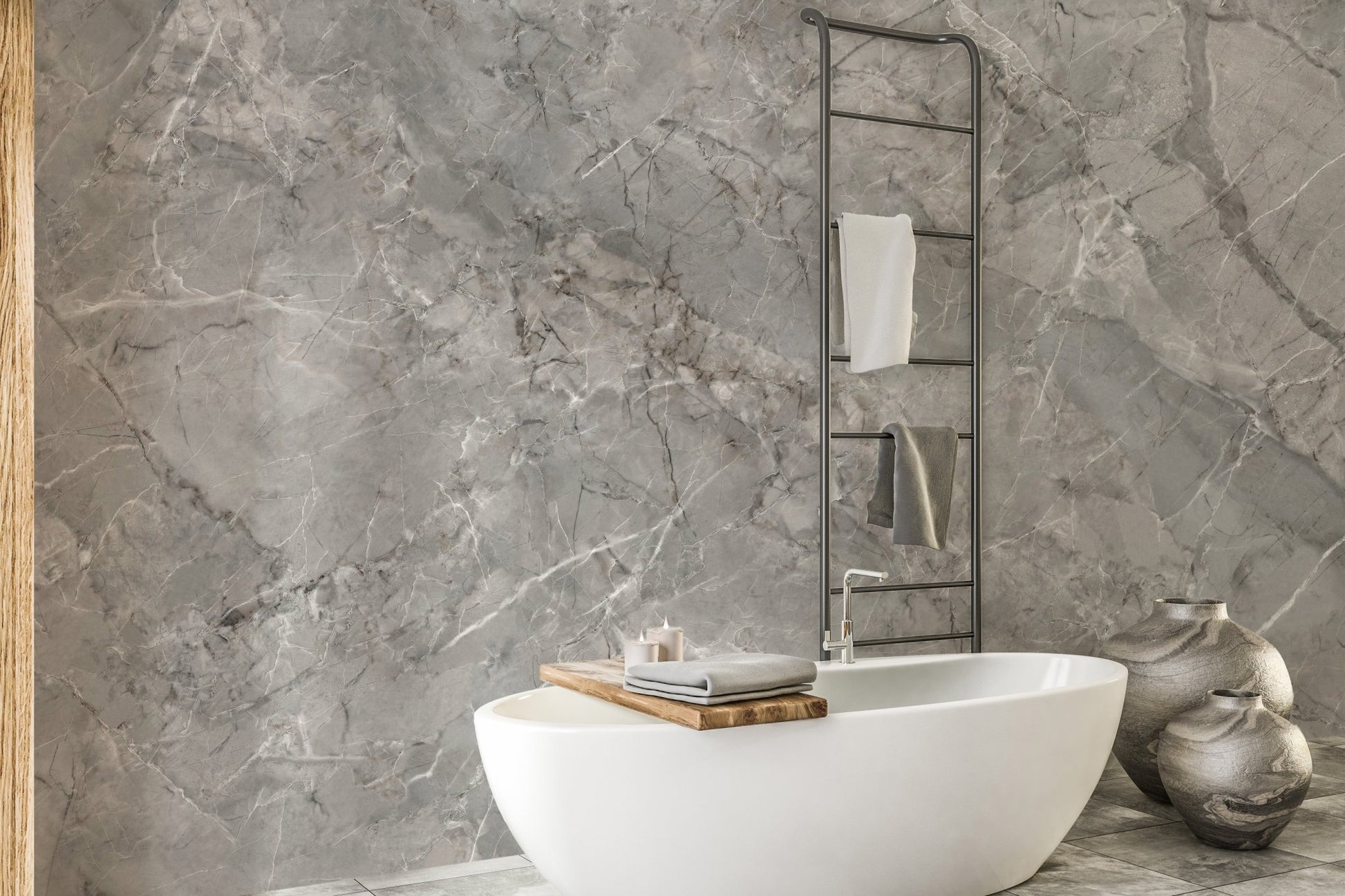Smoky Marble Veil wall mural used as a backdrop for a modern white bathtub.