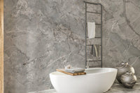Smoky Marble Veil wall mural used as a backdrop for a modern white bathtub.