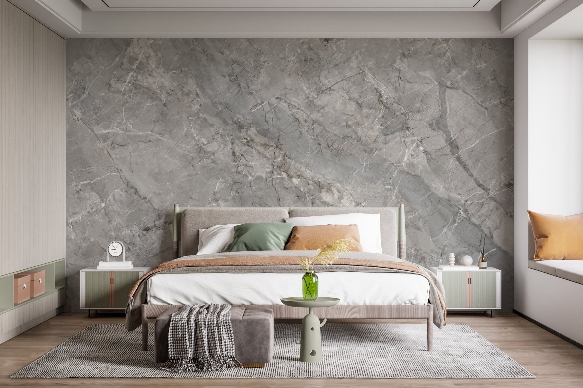 Smoky Marble Veil wall mural in a modern master bedroom with grey rug.