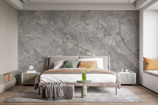 Smoky Marble Veil wall mural in a modern master bedroom with grey rug.