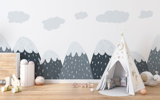 Snow capped Mountains Kids Room Murals with a white play teepee on wood floors.