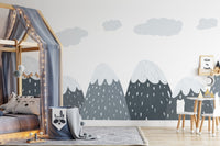 Snow capped Mountains Kids Room Murals for a toddler bedroom with a canopy bed.