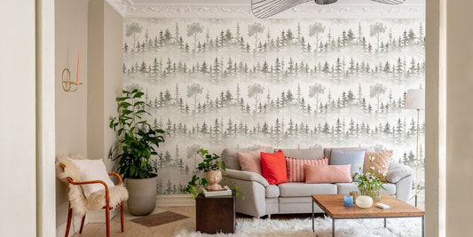 Snow Covered Tropical Trails Wallpaper in a modern living room with gray sofa.