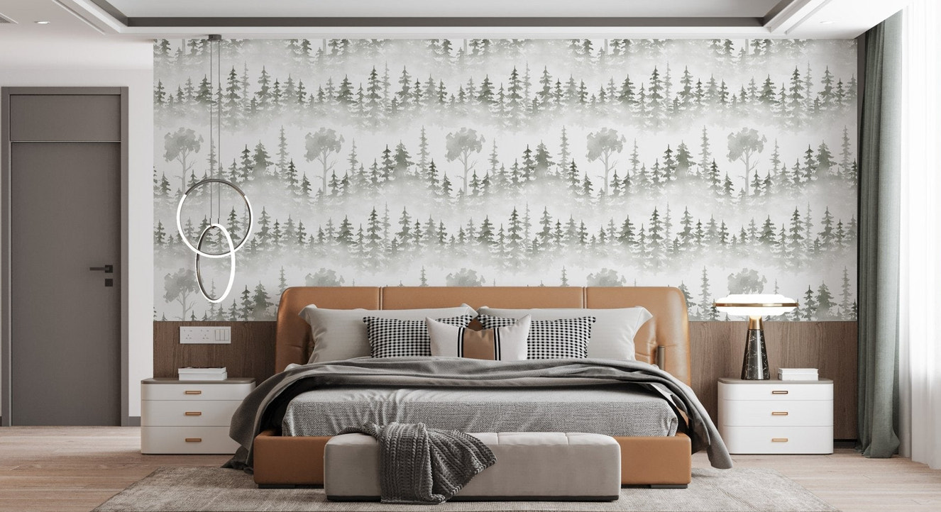 Elegant Snow Covered Tropical Trails Wallpaper backdrop in a master bedroom.