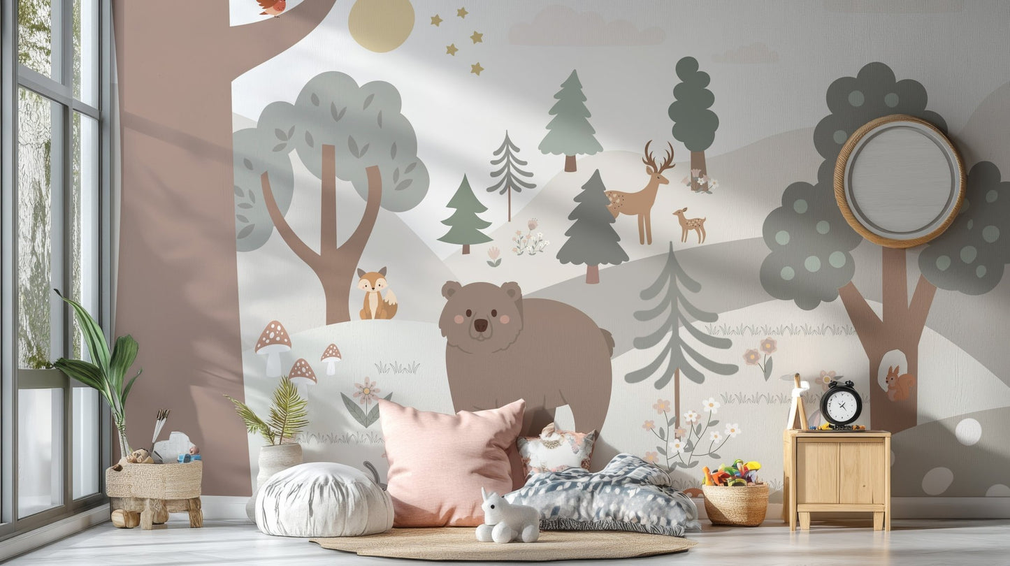 Neutral tone forest wall mural featuring brown bears and grey pine trees in kids area.