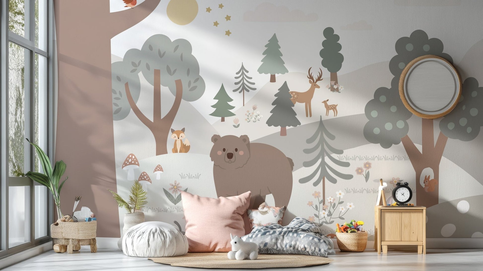 Neutral tone forest wall mural featuring brown bears and grey pine trees in kids area.