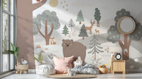 Neutral tone forest wall mural featuring brown bears and grey pine trees in kids area.